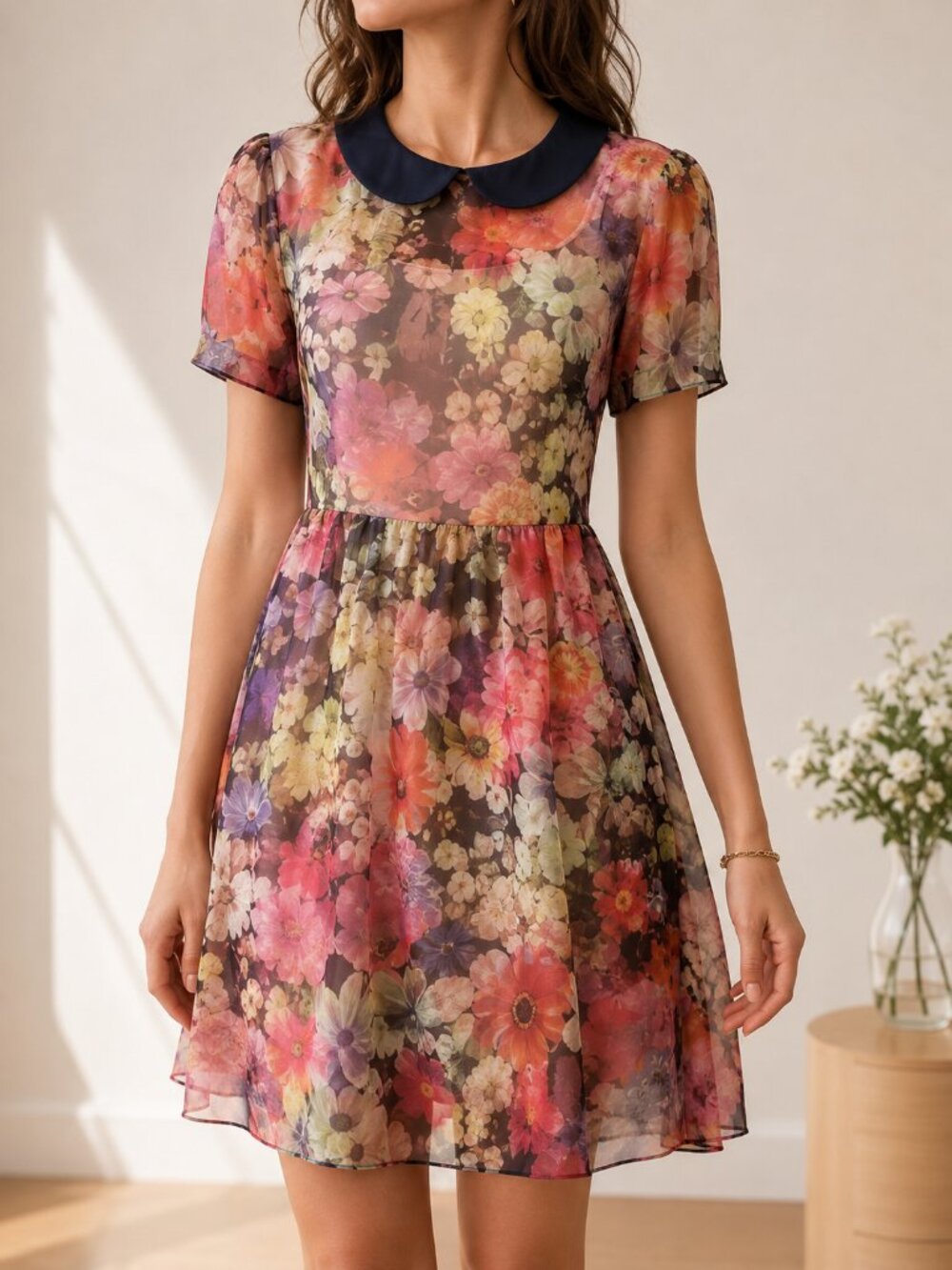 Peter Pan collar sheer floral dress